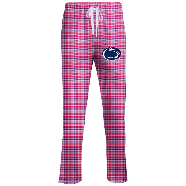 women's pink plaid flannel pants with Penn State Athletic Logo on left thigh